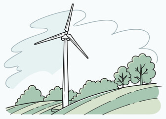 Illustration of a wind turbine in a field with trees and clouds in the background landscape view vector illustration