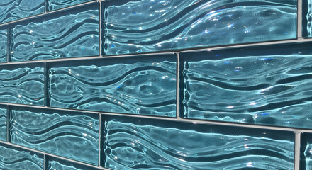 Serene blue wavy glass tile wall resembling tranquil ocean waves, a modern and elegant background texture