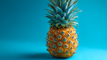 A single pineapple with a green crown rests on a bright blue studio background