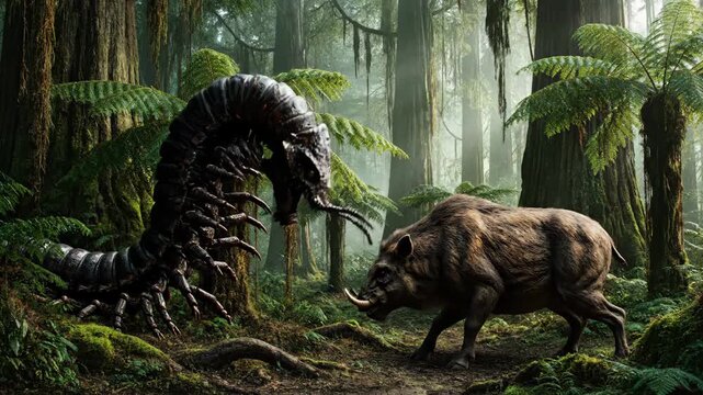 Arthropleura confronts a massive entelodont in a lush carboniferous forest, dramatic prehistoric encounter among towering ferns and dense primeval vegetation, ancient ecosystem tension