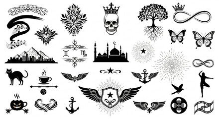 Collection of diverse black and white vector graphics featuring nature, symbols, and cultural elements
