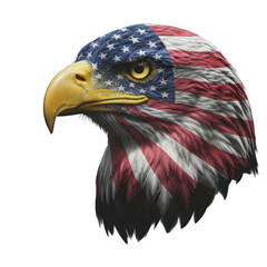 Fototapeta premium Close-up profile of an eagle's head. The head is covered in an American flag design. Sharp focus on beak and eye. Dark background