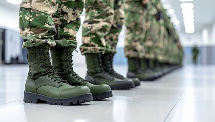 Green combat boots lined up in military hall illustrating unity, readiness, strategic defense training and the concept of order in preparation for modern conflicts