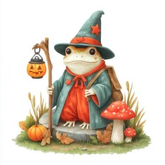 Charming Frog in Wizard Hat with Pumpkin Lantern Sitting on Toadstool Surrounded by Autumn Decor, Halloween theme