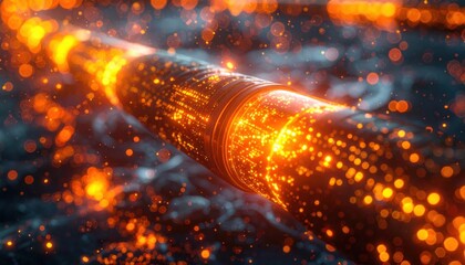 Glowing futuristic digital pipeline with orange particles representing global connectivity, technology innovation and dynamic flow of data networks