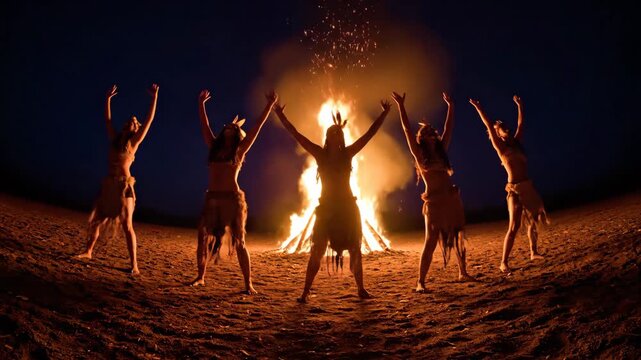 Indigenous women performing a traditional ritualistic dance around a large burning bonfire in the darkness, celebrating ancient customs and spirituality under the night sky
