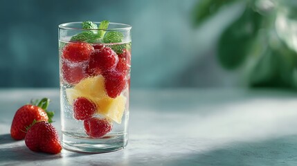 Glass of infused water with raspberries pine  and mint garnished with fresh strawberries on the side