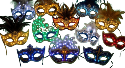 Dazzling masquerade masks adorned with vibrant LED lights and elegant feathers, perfect for festive celebrations and dramatic events.