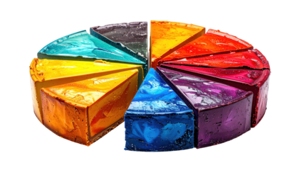 Sliced cake arranged in a circle, showcasing slices in various vivid hues, resembling a color spectrum or gradient, set against a stark black background, evoking a visually striking and artistic...