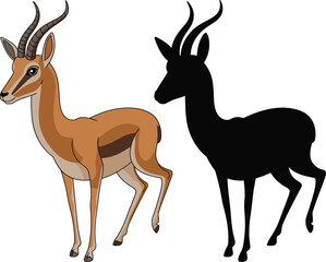 Antelope silhouette and detailed illustration, wildlife animal vector, African horned mammal, cad drawing flat vector illustration, nature icon art