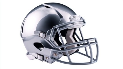 Fototapeta premium Close-up of a modern silver american football helmet on white background for sports design, team branding, fan merchandise, marketing visuals, and athletic safety equipment concepts