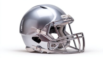 Fototapeta premium Close-up of a modern silver american football helmet on white background for sports design, team branding, fan merchandise, marketing visuals, and athletic safety equipment concepts
