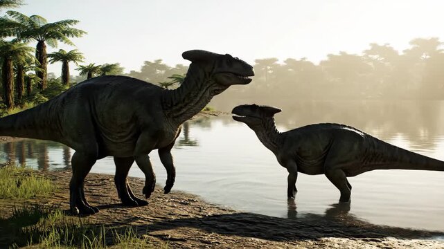 Hadrosaur dinosaurs corythosaurus and parasaurolophus standing on the misty lake edge during a prehistoric morning, surrounded by lush jungle and fern trees under a bright sky