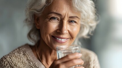 Smiling senior woman enjoys a glass of refreshing water embodying health and wellness