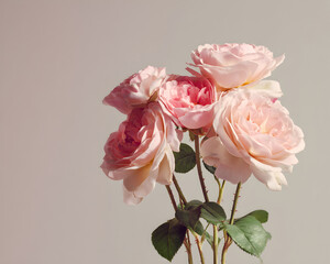Obraz premium A closeup view of a bouquet of soft pink roses with lush green leaves, showcasing their intricate petals and natural beauty