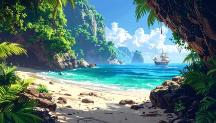 Tropical paradise scene featuring a white sand beach, turquoise water, lush greenery, and a distant sailboat