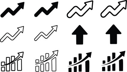 Growth arrow icons, business trend symbols, upward chart graphics, financial progress indicators, data visualization elements, cad drawing flat vector illustration