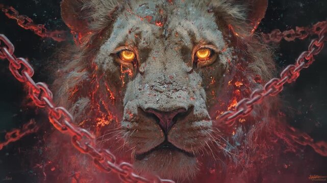 Lion in flames with chains