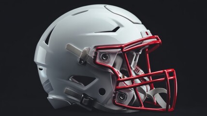 Naklejka premium Close-up of white american football helmet with red face mask on black background, sports equipment, athletic safety gear, team branding concept