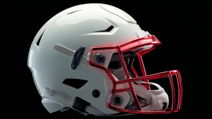 Fototapeta premium Close-up of white american football helmet with red face mask on black background, sports equipment, athletic safety gear, team branding concept