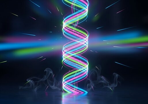 Vibrant neon spiral with light trails and wispy smoke creating a dynamic and futuristic atmosphere