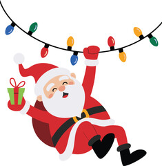 Santa Claus hanging on Christmas lights, holding gift box, festive holiday cartoon, cad drawing flat vector illustration, cheerful seasonal clipart