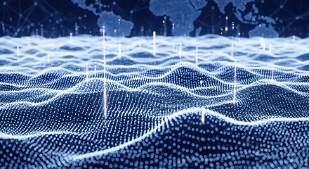 Abstract blue digital world map with glowing dots and lines, representing global network connection and data transfer in modern technology concept