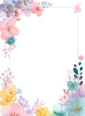 Obraz premium A vibrant floral border surrounds a blank space, featuring pink, blue, and yellow flowers with green leaves. Ideal for adding charm to invitations or stationery.