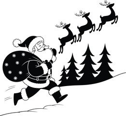 Santa running, Christmas forest, gift sack, reindeer flying, holiday cheer, snowy scene, cad drawing, flat vector illustration, festive cartoon, winter clipart