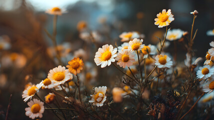 Delicate white and yellow daisies bloom in a soft-focus garden on a warm, hazy day.