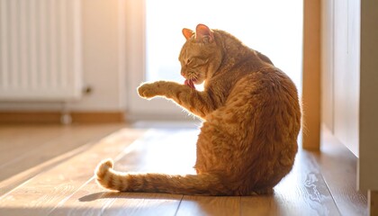 Ginger cat grooming itself on a wooden floor in sunlight