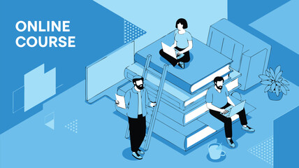 Online course illustration with people studying on books.