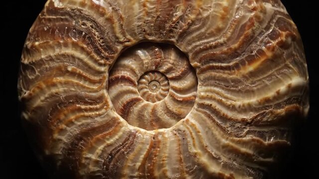 Ammonite fossil displaying a captivating brown and beige spiral pattern on its ancient shell, reflecting principles of natural geometry and prehistoric ocean life