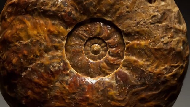 Ammonite fossil shell revealing intricate spiral patterns and geological textures, symbolizing ancient marine life, natural history, and paleontological study