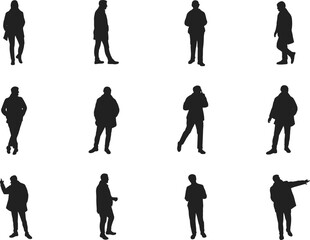 Standing walking silhouette, human posture icons, casual people vector, gesture design pack, black flat artwork, cad drawing flat vector illustration