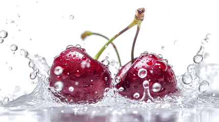 Close-up of fresh ripe cherries splashing into water with many droplets and streams