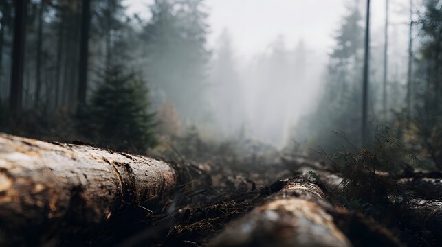 Misty forest clearing with fallen logs and atmospheric fog creating a somber natural mood