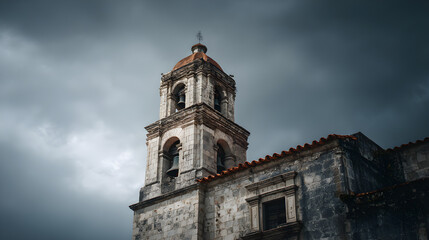Historic church bell tower against a dramatic, cloudy sky, architectural detail, European style