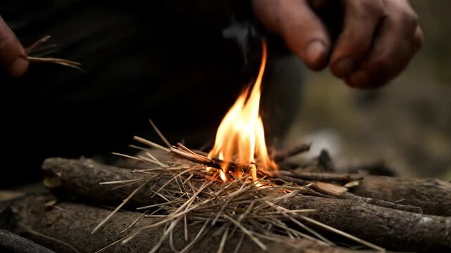 Adult hands carefully igniting a small flame on dry tinder and kindling, preparing a fire for warmth or cooking during a wilderness survival challenge or camping trip in the forest