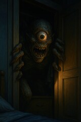 Frightening one-eyed cyclops creature with sharp claws creeping out of a wooden closet into a dark bedroom, horror and nightmare concept
