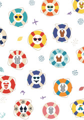 A whimsical pattern of colorful life preservers with various fun faces and summer-themed icons creating a joyful beach scene.