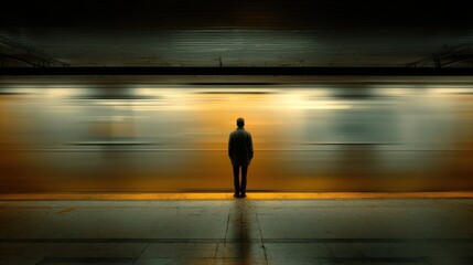 A solitary figure stands on the platform as a subway train rushes past, creating a sense of motion and anticipation. The warm lights contrast with the dark surroundings.
