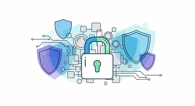 Digital security and data protection concept with a prominent padlock and shield icons, symbolizing secure online environments and network safeguards