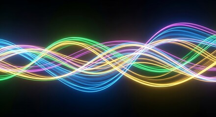 Wavy abstract background with colorful light trails over blackness