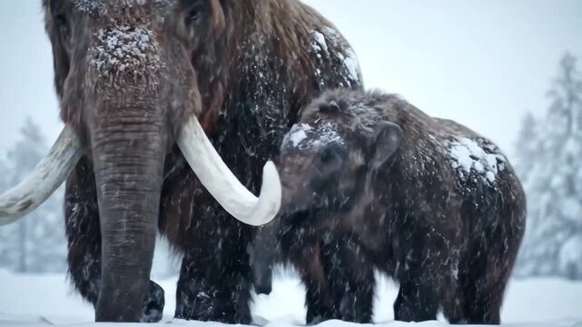 Woolly mammoth mother and baby huddling together for warmth, trekking through a vast, snow-covered landscape during a winter snowfall in the ancient ice age, symbolizing survival and family bonds