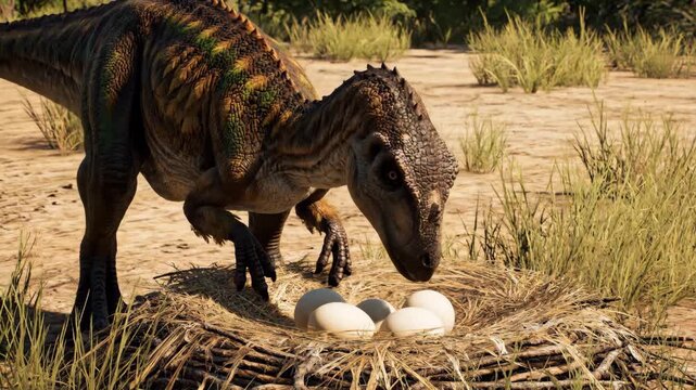 Allosaurus dinosaur protecting its clutch of eggs in a nest, demonstrating primal parental care and the cycle of new life in an ancient prehistoric natural environment