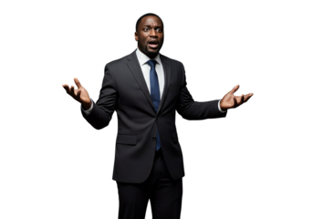 Surprised African American businessman in suit with open arms, isolated on transparent background