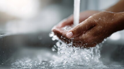 Fototapeta premium Hands being washed under clean running water in a sink emphasizing hygiene and freshness