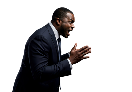 Surprised Black businessman in suit gesturing with open arms, isolated on white background