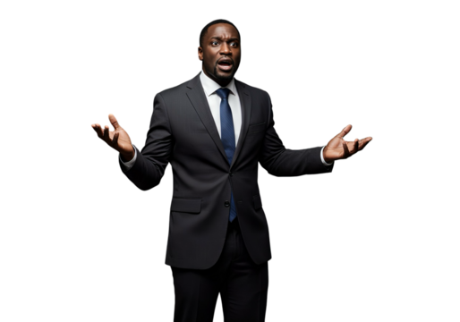 Surprised African American businessman in suit with open arms, isolated on transparent background - Powered by Adobe